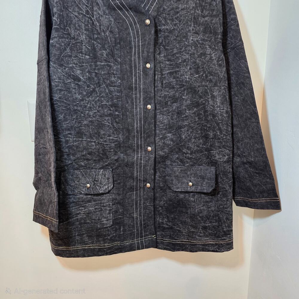 Men's Acid Wash Denim Jean Chore Jacket Size M Oversized Black Pockets Grunge - Picture 4 of 10
